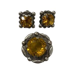 Vintage Mexico Silver Brooch Pendant Pin Earrings Yellow Citrine Glass Stone